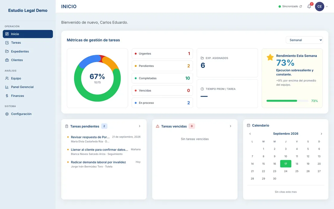 MC-CRM home dashboard with task metrics and the month's calendar