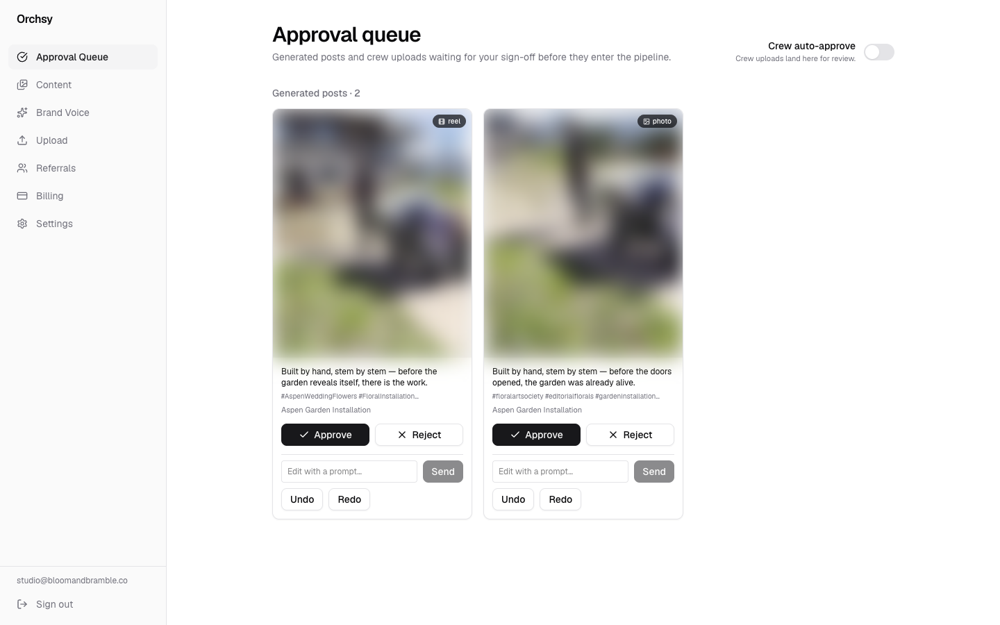 Orchsy approval queue with two generated posts awaiting review