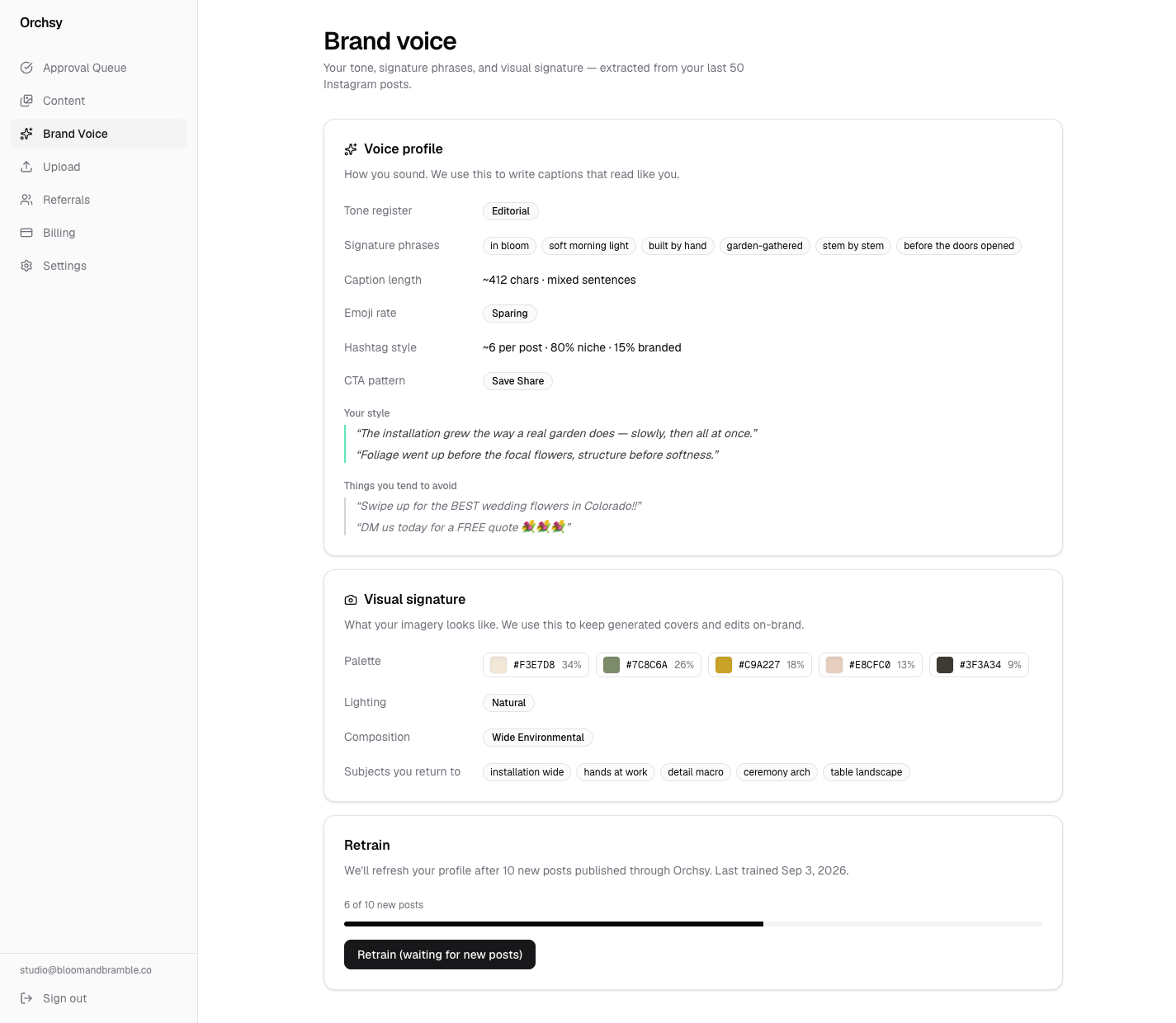 Brand voice profile showing tone register, signature phrases, hashtag style and visual signature