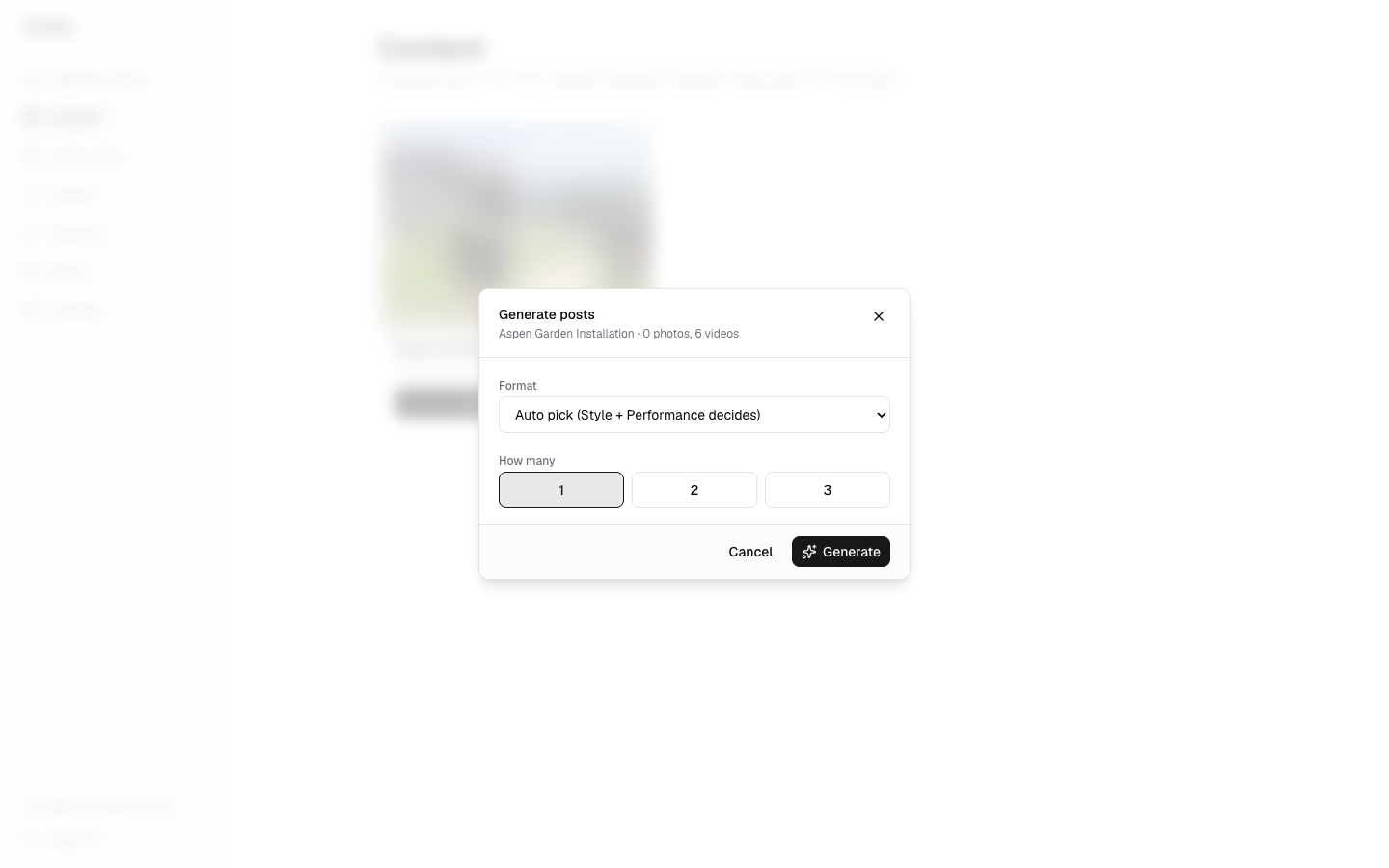 Generate posts dialog with format and count selection