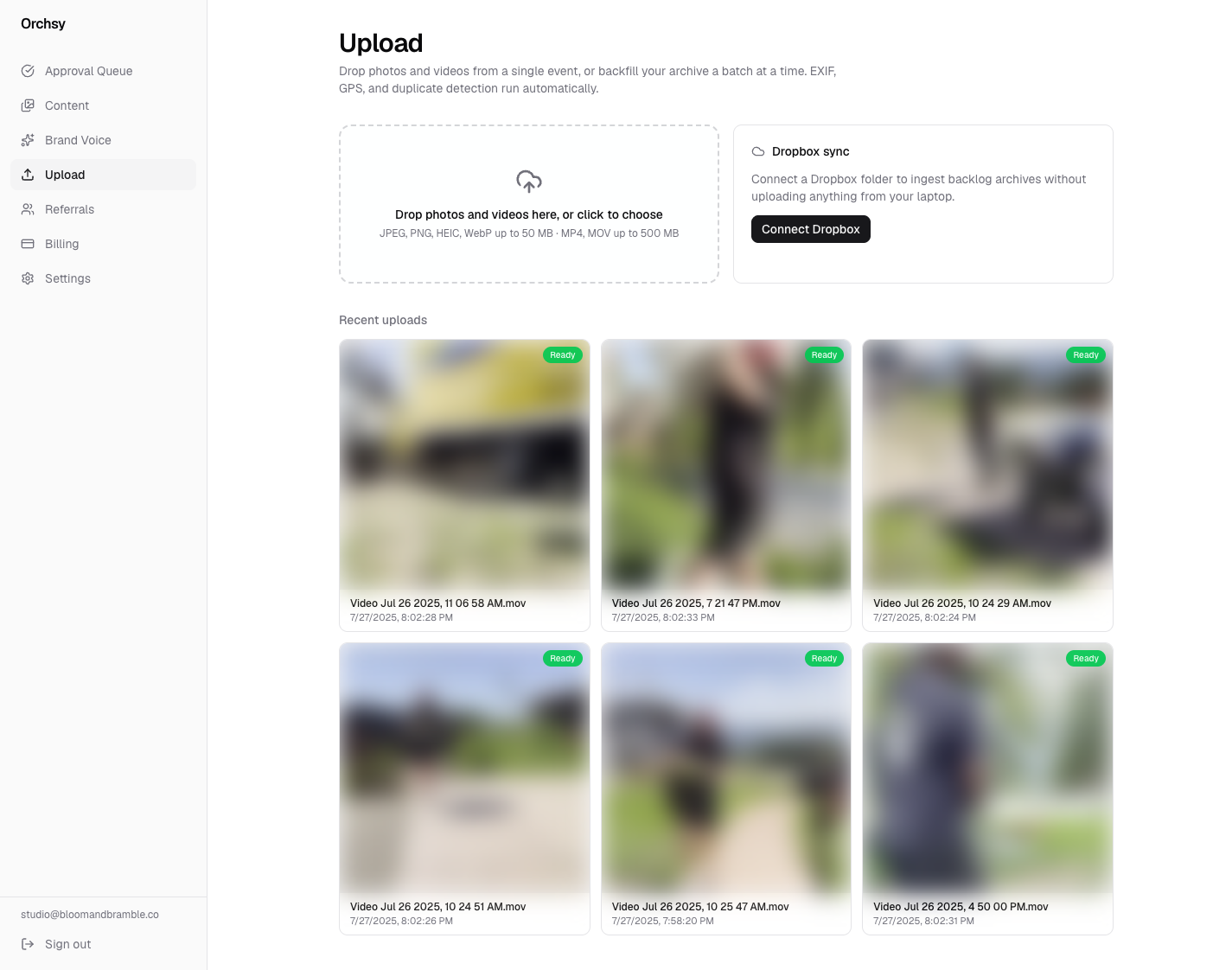Upload page with dropzone, Dropbox sync card, and recently ingested clips